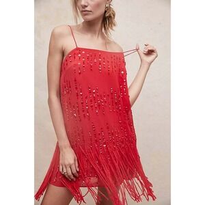 Free People Red Sequin Fringe Mini Dress Sleeveless Slip Party Halter Small